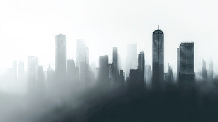 Fototapeta premium Misty skyline of modern city with skyscrapers on a foggy day