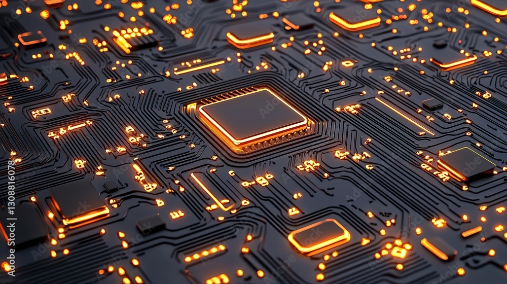 Poster close-up of circuit board with glowing orange accents and complex patterns
