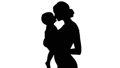 Mother kissing baby silhouette on white background