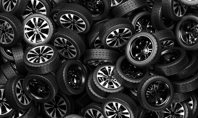 A large pile of car wheels. 3D rendering illustration.