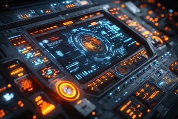 Obraz premium Spaceship control panel displaying navigation data in cockpit