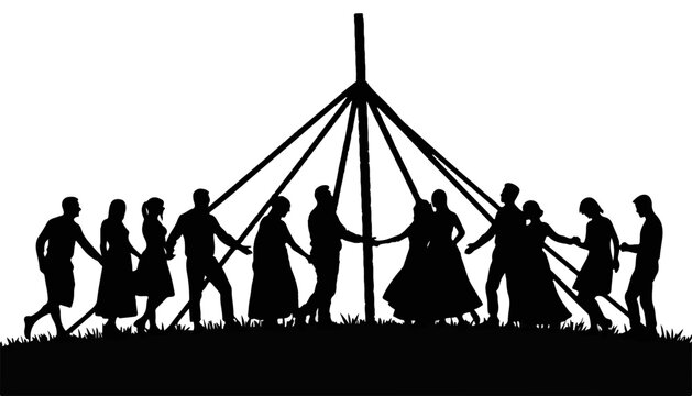 Silhouette of people dancing around a maypole on green grass