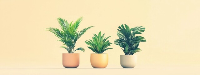 Three potted plants in pastel-colored pots against a light background.