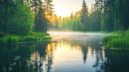 Obraz premium Serene forest lake at sunrise with misty reflections and lush greenery