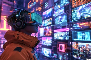 A cyberpunk-themed NFT marketplace with avatars browsing and trading virtual artwork in the metaverse