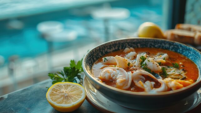 sarsuela de peix - stewed soup, a dish of Catalan cuisine, popular in Spanish Levant. It is an assortment of stewed fish fillets and an assortment of seafood. Sarsuela is called paella without rice