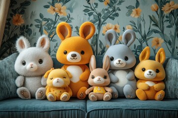 Plush bunnies family sitting on sofa in floral room.  Possible use Children's product advertising