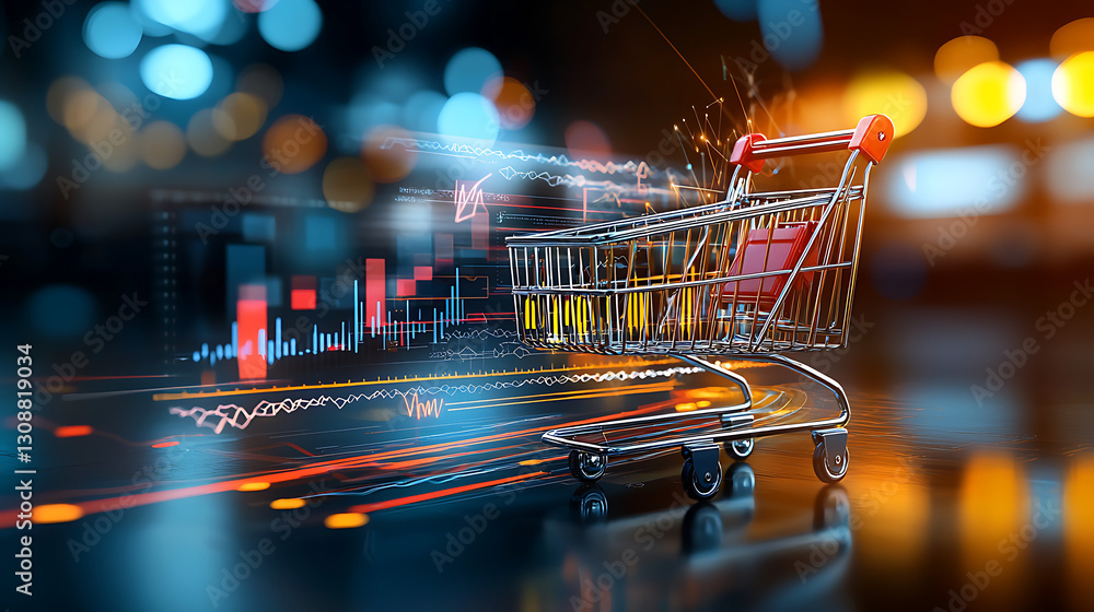 Poster dynamic shopping cart animation digital commerce visual data representation modern business environm