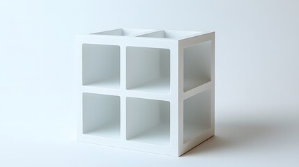 A minimalist cube storage organizer with white compartments, isolated on a plain white background