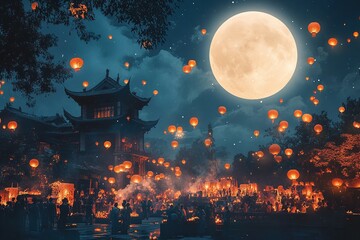 Naklejka premium A mesmerizing Mid-Autumn Festival in China, people lighting lanterns, children eating mooncakes, and the full moon shining brightly