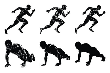 Running sports and push up man silhouette Vector with Gym and Fitness Workouts