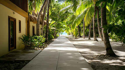 Fototapeta premium Concrete Pathway Leading Towards Beach Between Tropical Palm Trees with Wooden Building under Bright Sunlight
