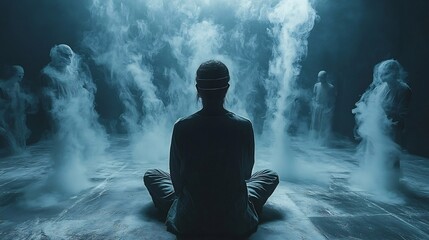 Obraz premium Person sitting in a dark room blindfolded ghostly figures and faint light surrounding them symbolizing phantom visions as the brain compensates for lost senses