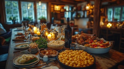 Fototapeta premium Rustic feast on wooden table in cozy cabin, evening gathering