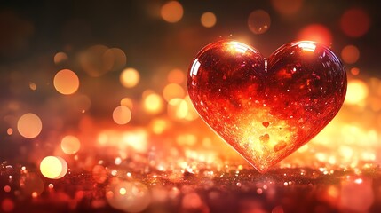 A glowing red heart surrounded by shimmering bokeh lights, creating a romantic and enchanting atmosphere.
