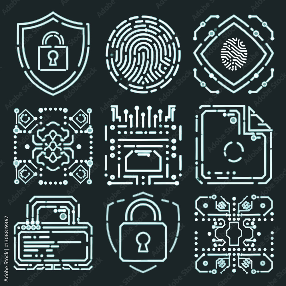 Poster cybersecurity and data protection icon set with a high-tech aesthetic