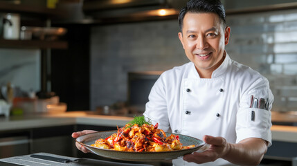 Asian male chef presenting delicious seafood dish in modern kitchen