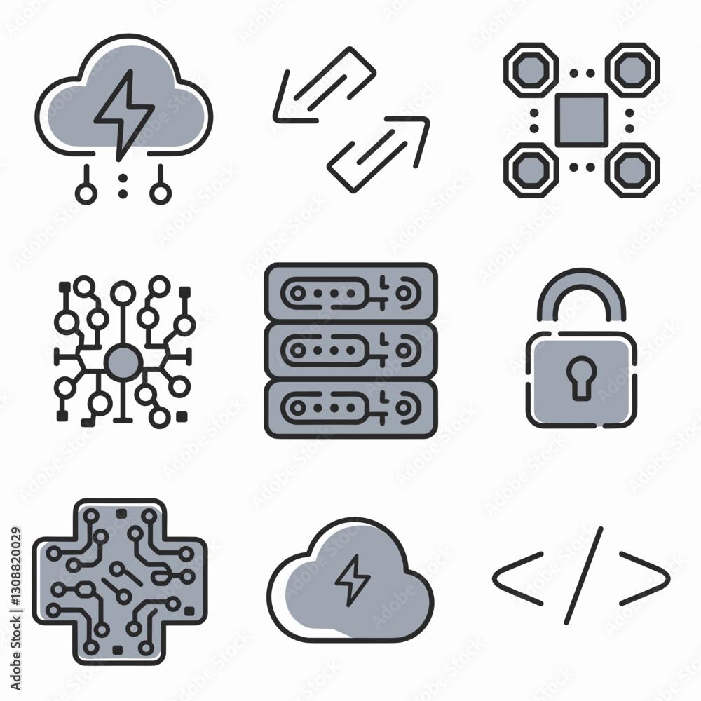 Poster cloud computing and saas icon collection with lightning bolts, servers, and security symbols – suita