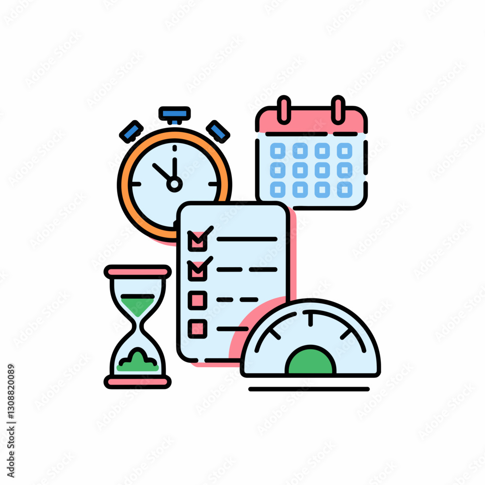 Poster time management and productivity icons in a clean outline vector style