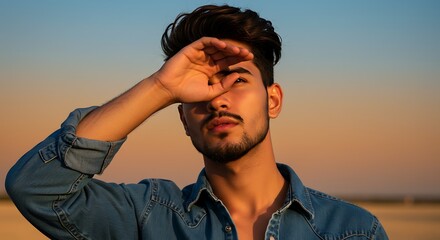 Young Man Shielding Eyes from Sunset, Outdoor Portrait