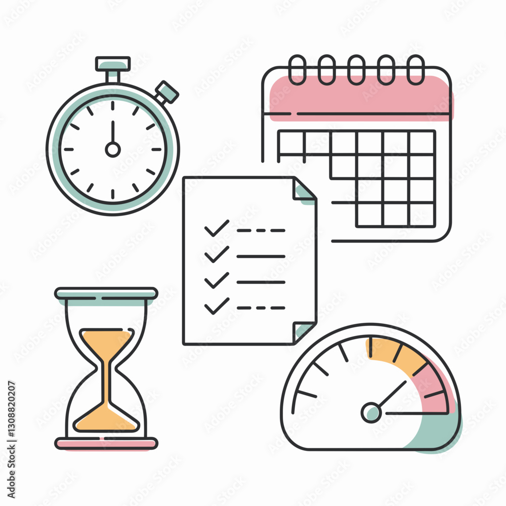 Poster minimalist vector icon pack of time management and productivity tools