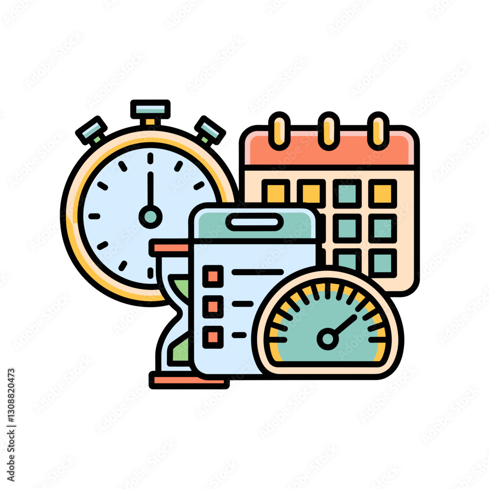 Poster outline-style vector icon pack of time management and efficiency symbols