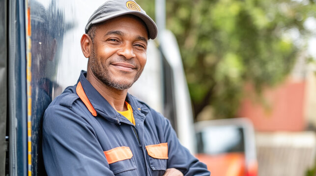 Smiling african male adult in uniform standing outdoors near vehicle