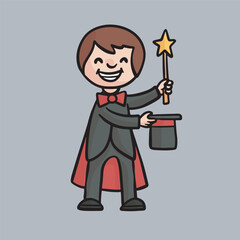 a male kid wearing magician costume in isolated outline flat design