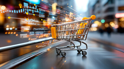 Fast-paced shopping cart race urban environment digital art motion blur aesthetic concept for e-commerce visuals