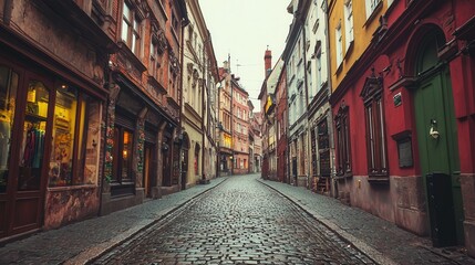 Fototapeta premium Charming cobblestone street in historic town, colorful buildings and evening lights