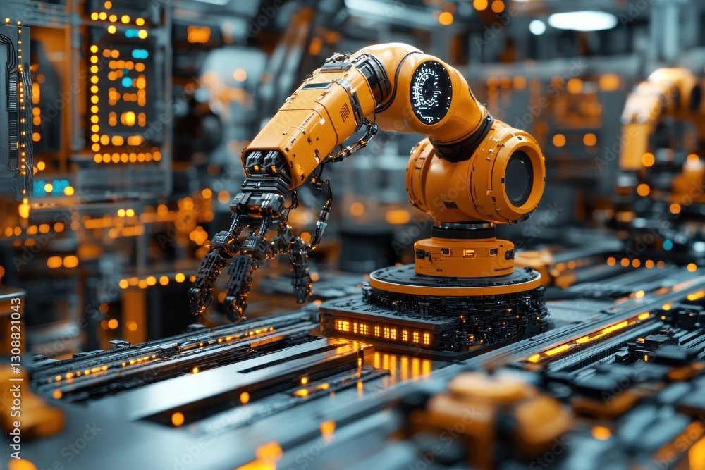 Poster robotic arm assembling circuit board in high-tech factory