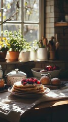 Cozy kitchen morning with pancakes and berries in sunlit rustic setting