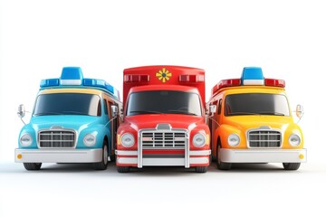 A clean illustration of an ambulance, firetruck, and police car arranged in a row, rendered with bright, vibrant colors on a white background