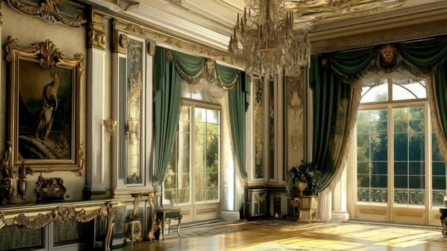 Elegant interior of a luxurious room with large windows and ornate decor in a historical building