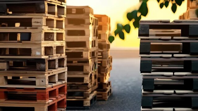 Stacked wooden pallets in a sunlit warehouse showcasing industrial storage solutions and wood material
