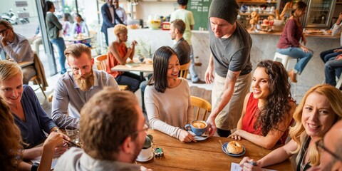 Diverse group enjoying coffee at a cafe. People chatting, smiling, and relaxing. Cozy cafe atmosphere with friends and coffee. Warm, inviting cafe scene. Friends socializing over coffee at a cafe.