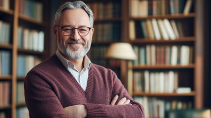 Fototapeta premium Mature caucasian male in library with bookshelves and warm sweater