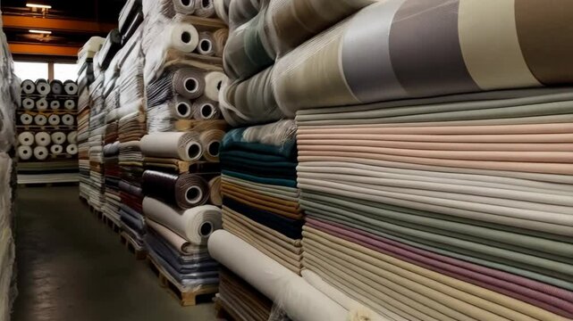 Exploring a fabric warehouse filled with rolls of material ready for textile production in a bustling market environment