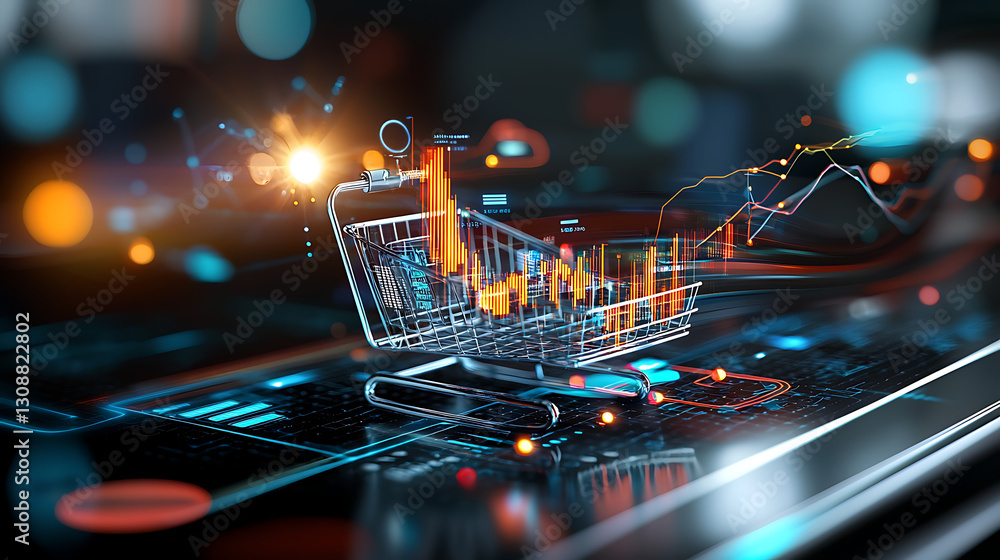 Poster e-commerce insights analyzing shopping trends through data visualization in a digital environment