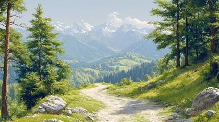 Obraz premium Mountain Path Through Forest to Snowy Peaks