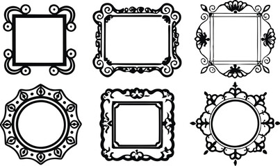 vintage frame vector set, black and white ornate borders, decorative baroque style square and round frames, retro clipart design