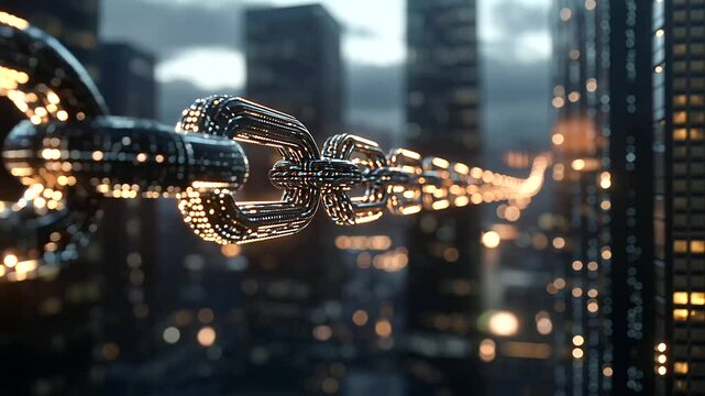 Digital blockchain network linking in a futuristic city skyline