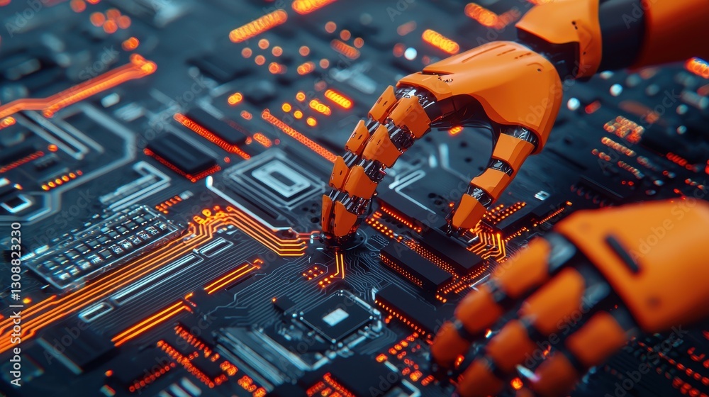 Poster robot hand interacting with futuristic circuit board in neon colors with glowing details and pattern