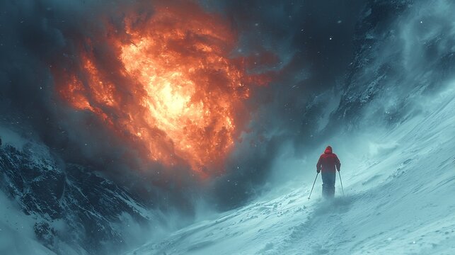 Skier half buried in the snow a glowing imaginary figure appears in a blizzard urging them to keep moving through the harsh landscape a vivid hallucination of survival