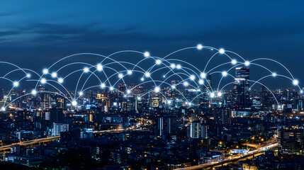 Nighttime Cityscape With Glowing Network Connecting Buildings Against Blue Sky