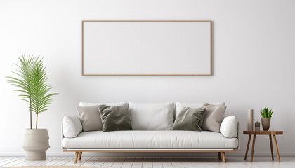 Modern Living Room Mockup White Sofa Wooden Frame Plants