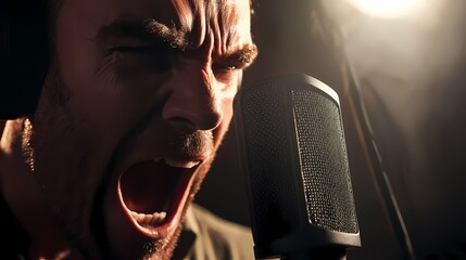 A passionate voice actor records a dramatic scene, bringing intense emotion and authenticity to their performance in a sound studio.