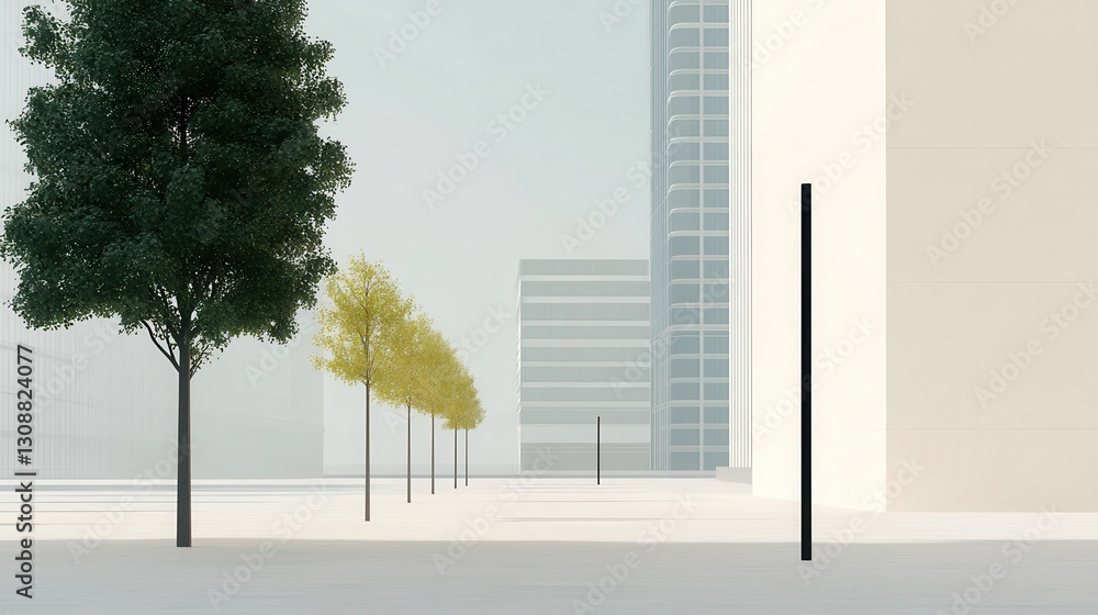 Poster calm urban landscape with trees and modern minimalist architecture in soft light