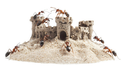 Obraz premium Creativity of ants constructing a detailed sand castle on a clear day