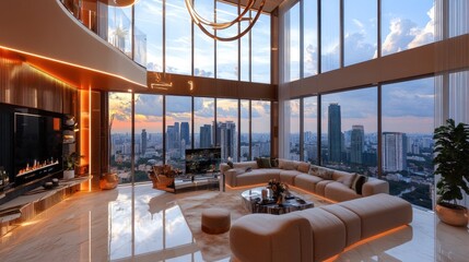 Luxurious penthouse living room with city views